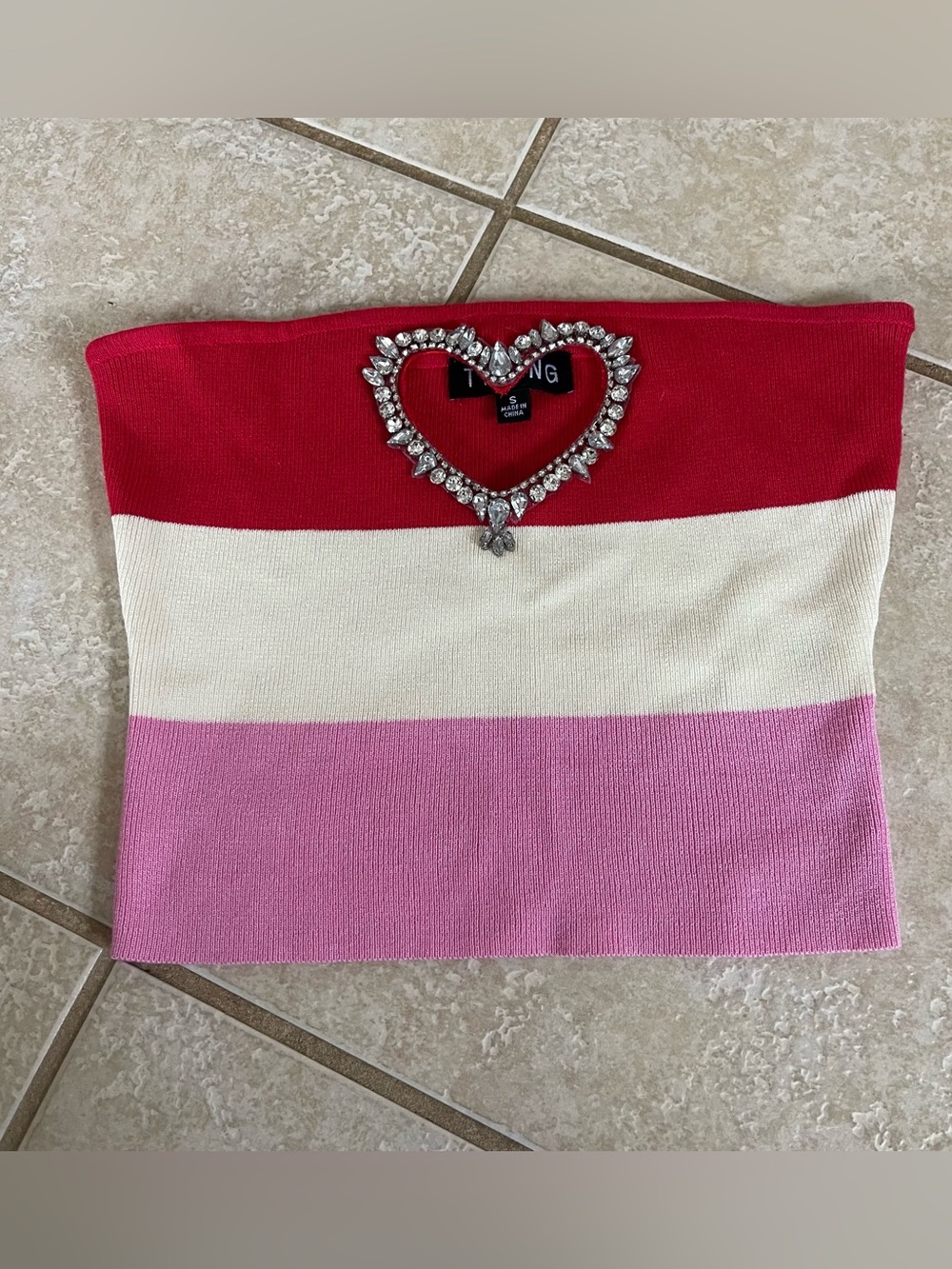 Timing Y2K Knit Tube Top Size S Embellished Heart‎ Pink Strips Going Out Rave